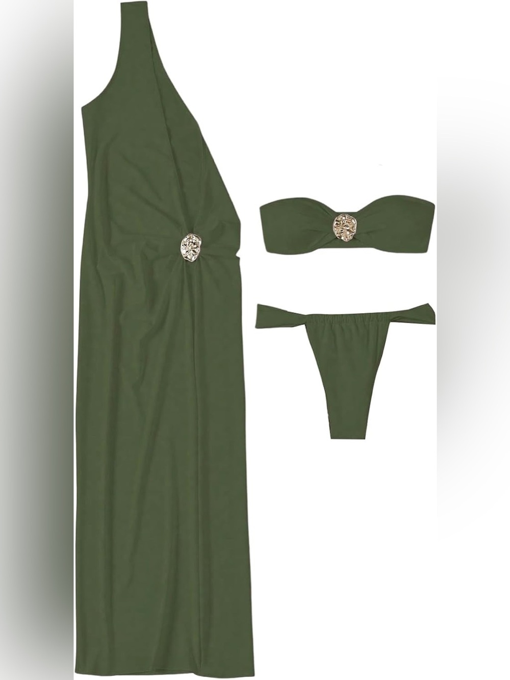 Olive Green Three-Piece Women’s Bikini Set with One-Shoulder Cover-Up
